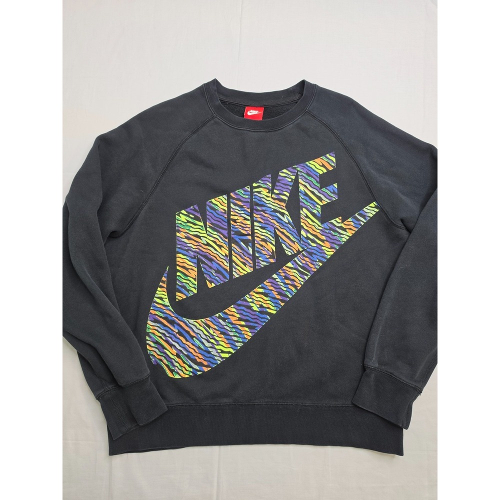 VTG Nike Sweatshirt Men's Large Black Big Swoosh Logo Fleece Lined Raglan Sleeve